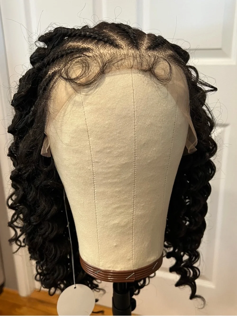 Synthetic 16” Natural Black Curly Lace Front Wig with Cornrowed Parts It#UC9
